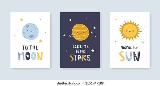 Set of nursery poster with cute planets and lettering. Space collection of scandinavian prints for wall art.