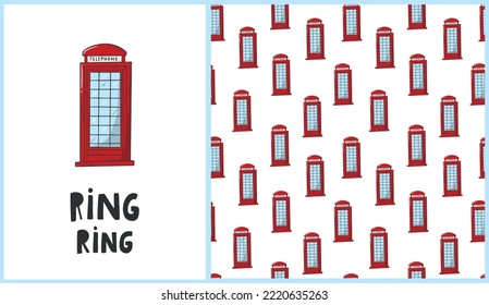 Set of nursery poster with london telephone booth and seamless pattern for wallpaper, scrapbooking, textile prints, wrapping paper, etc. EPS 10