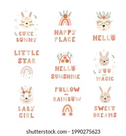 Set of nursery poster prints with lettering quotes and bunnies. Vector illustration.