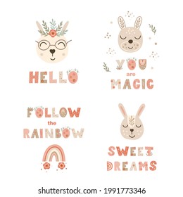 Set of nursery poster prints with lettering quotes and bunnies. Vector illustration.