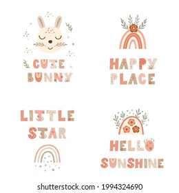 Set of nursery poster prints with lettering quotes and bunnies. Vector illustration.