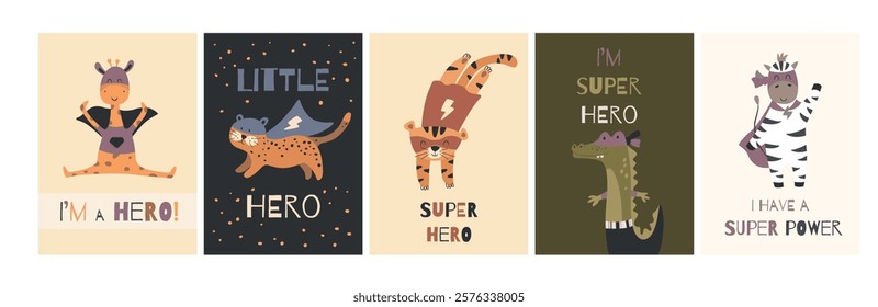 Set of nursery posters with animals heros. Little animals super heroes. Printable kids design for poster, card, postcard.
