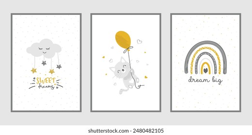 Un conjunto de carteles de la guardería con una nube linda, un gatito en un globo y un arco iris con las palabras dulces sueños, sueño en grande. Ilustración del bebé, Vector