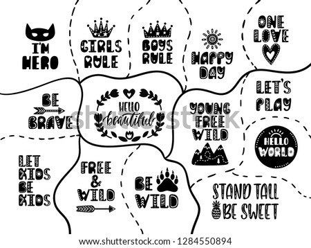 Set of nursery prints in doodle style on black background. Cute lettering designs. Hand drawn inspiration quotes. Vector illustration.