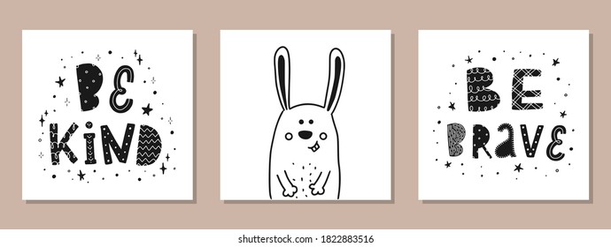 conjunto de estampados de vivero, afiches con citas con letras a mano y dibujo animal / personaje - conejo sobre fondo blanco. Bien por tarjetas, pegatinas, huellas de ropa, carteles, carteles, etc. EPS 10
