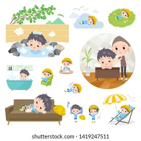 A set of Nursery school boy about relaxing.There are actions such as vacation and stress relief.It's vector art so it's easy to edit.
