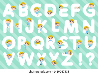 A set of Nursery school boy designed with alphabet.Characters with fun expressions pose various poses.It's vector art so it's easy to edit.
