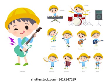 A set of Nursery school boy playing rock 'n' roll and pop music.There are also various instruments such as ukulele and tambourine.It's vector art so it's easy to edit.
