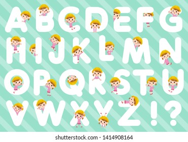 A set of Nursery school girl designed with alphabet.Characters with fun expressions pose various poses.It's vector art so it's easy to edit.
