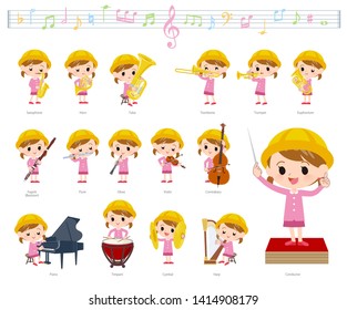 A set of Nursery school girl on classical music performances.There are actions to play various instruments such as string instruments and wind instruments.It's vector art so it's easy to edit.
