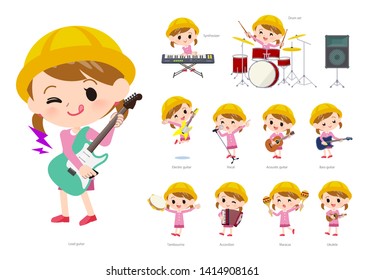 Un grupo de niñas de la escuela de Nursery tocando rock 'n' roll y música pop. También hay varios instrumentos como ukulele y tambourine. Es arte vectorial, así que es fácil de editar.
