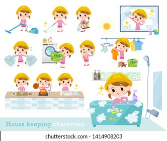 A set of Nursery school girl related to housekeeping such as cleaning and laundry.There are various actions such as cooking and child rearing.It's vector art so it's easy to edit.
