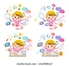 A set of Nursery school girl who perform multitasking.There are things to do smoothly and a pattern that is in a panic.It's vector art so it's easy to edit.
