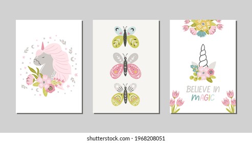 Set of nursery unicorn and fantasy cards and posters, whimsical banner design with rainbow, unicorn, vector meadow flowers and bouquets in modern scandinavian style