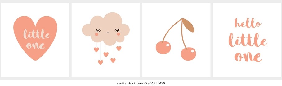 Set of Nursery Vector Arts with Heart, Cloud and Cherries. Red Heart, Twin Cherries and Cute Cloud with Dropping Hearts on a White Background. Hello Little One. Prints for Baby Girl and Baby Boy. 