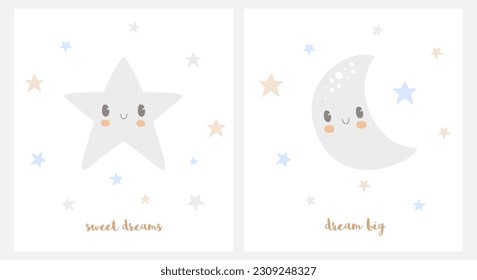 Set of Nursery Vector Prints with Happy Star and Lovely Crescent Moon on a White Background. Retro 50's Art Style Print ideal for Wall Art, Poster. Abstract Doodle Design for Kids. Starry Night Sky.