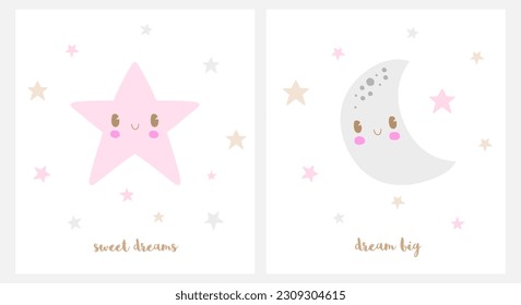 Set of Nursery Vector Prints with Happy Star and Lovely Crescent Moon on a White Background. Retro 50's Art Style Print ideal for Wall Art, Poster. Abstract Doodle Design for Kids. Starry Night Sky.