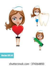 Set of nurses characters with objects in different poses.