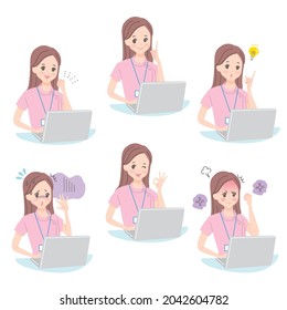 Set of nurses operating a personal computer Upper body illustration