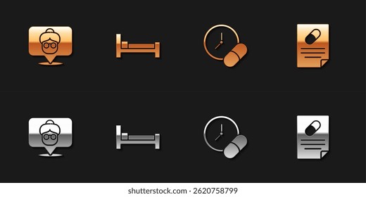 Set Nursing home, Bed, Medicine pill or tablet and Medical prescription icon. Vector