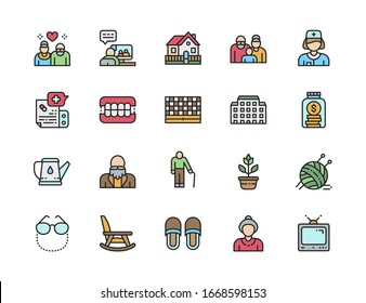 Set of Nursing Home Flat Color Line Icons. Pensioner, Hospital, Seniors and more