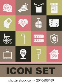 Set Nursing home, Grandmother, Adult diaper, Knitting, Heart rate, Male head with hospital,  and Disco ball icon. Vector