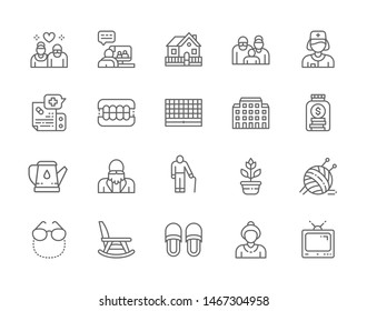 Set Of Nursing Home Line Icons. Pensioners, Elderly Couple, Seniors, Country House, Health Worker, Dental Prosthesis, Hospital, Furniture, Tv And More. Pack Of 48x48 Pixel Icons