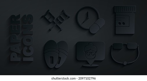 Set Nursing home, Medicine bottle and pills, Slippers, Eyeglasses, or tablet and Crutch crutches icon. Vector