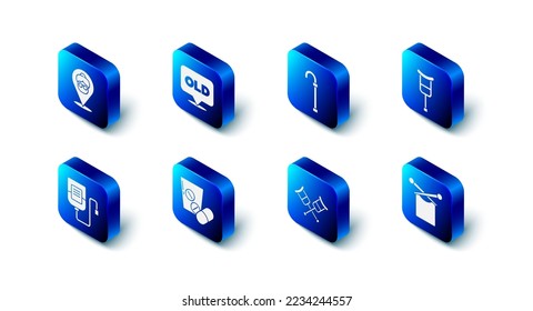 Set Nursing home, Walking stick cane, Crutch or crutches, Knitting, Medicine pill tablet, IV bag and  icon. Vector