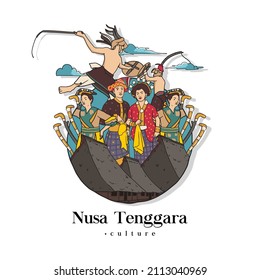 Set Nusa Tenggara Culture and Landmark Illustration. Hand drawn Indonesian cultures background