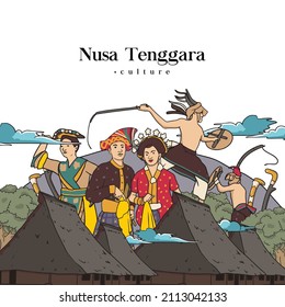 Set Nusa Tenggara Culture and Landmark Illustration. Hand drawn Indonesian cultures background