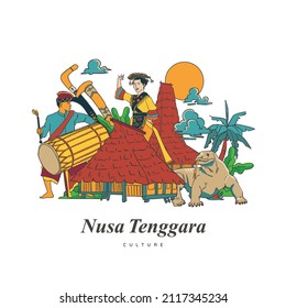 Set Nusa Tenggara Culture and Landmark Illustration. Hand drawn Indonesian cultures background