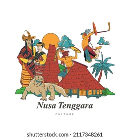 Set Nusa Tenggara Culture and Landmark Illustration. Hand drawn Indonesian cultures background