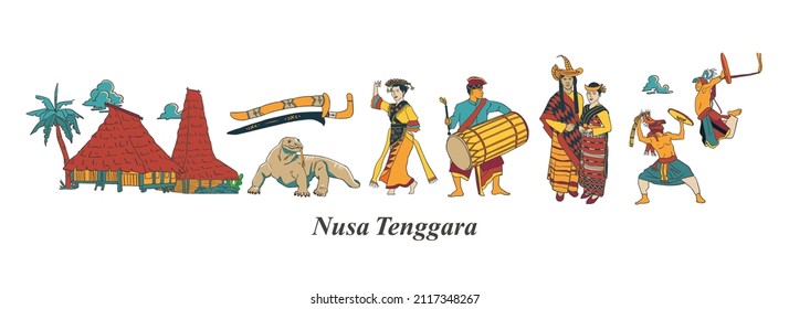 Set Nusa Tenggara Culture and Landmark Illustration. Hand drawn Indonesian cultures background