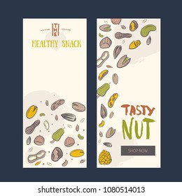 Set of Nut food banners with hazelnut, walnut, pine nuts, pecan, peanut. Healthy hand drawn snack collection for promotion, logo, icon design