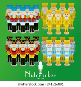 a set of nutcracker soldiers with different uniforms on a green background