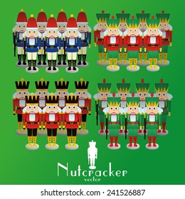 a set of nutcracker soldiers with different uniforms on a green background