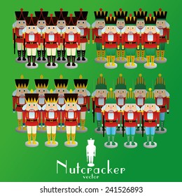 a set of nutcracker soldiers with different uniforms on a green background