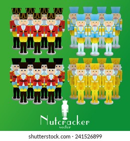 a set of nutcracker soldiers with different uniforms on a green background