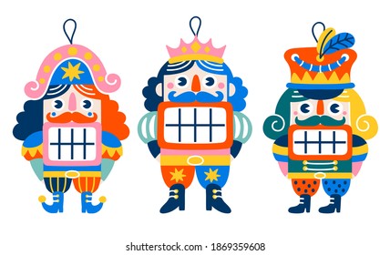 Set of Nutcracker soldiers. Xmas toys illustration. Vector cartoon illustration isolated on white background