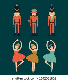 Set of nutcrackers and ballerinas on blue background. Vector illustration.  