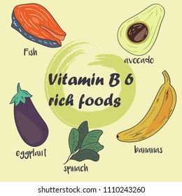 Set of Nutrient-Rich Foods with text "Vitamin B6 rich foods" Fish, avocado, eggplant, spinach, banana.