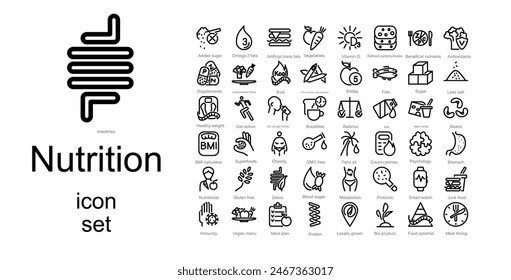Set of Nutrition healthy food, detox diet icon. Added sugar, beneficial nutrients, superfoods, meal plan, obesity, etc. Symbol isolated on white background.  Editable strokes. Vector outline graphics 