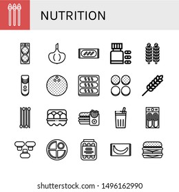 Set of nutrition icons such as Asparagus, Burger, Garlic, Bread, Vitamins, Brussels sprouts, Crisps, Coconut, Burger bun, Wheat, Onion, Egg, Chicha de frutilla, Pancake , nutrition