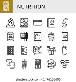 Set of nutrition icons such as Dried fish, Eggs, Burger, Minced meat, Cereals, Avocado, Pickled, Wheat, Apple, Strawberry, Crisps, Bagel, Chicken leg, Toast, Diet , nutrition