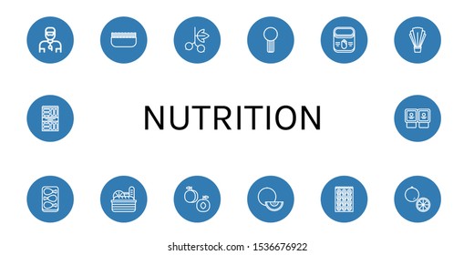 Set of nutrition icons. Such as Trainer, Minced meat, Blackcurrant, Celery, Corn, Salad, Chicken leg, Bread, Peach, Melon, Bagel, Orange, Snack, Yogurt , nutrition icons