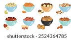 Set of nuts in bowls. Almond, macadamia, brazil nut, hazelnut, peanut, walnut, pecan and pistachio. Vector cartoon flat illustration