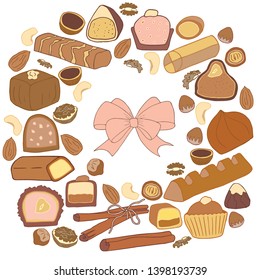 Set of nuts, cocoa and chocolate in bright colors. Includes chokolate bar, pieces of milk chocolate, sweets with filling, cinnamon and bow. Isolated on white for scrapbooking, design and textiles.