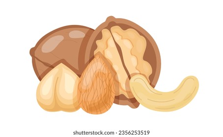 Set of nuts concept. Vegetarian and healthy diet. Products with healthy fats. Natural and organic eating. Peanut and nutshell. Cartoon flat vector collection isolated on white background