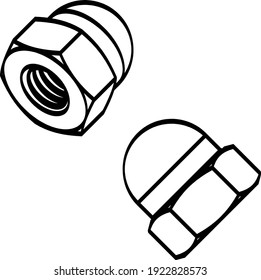 Set of nuts with domed cup on a transparent background. Line drawing. Vector illustration